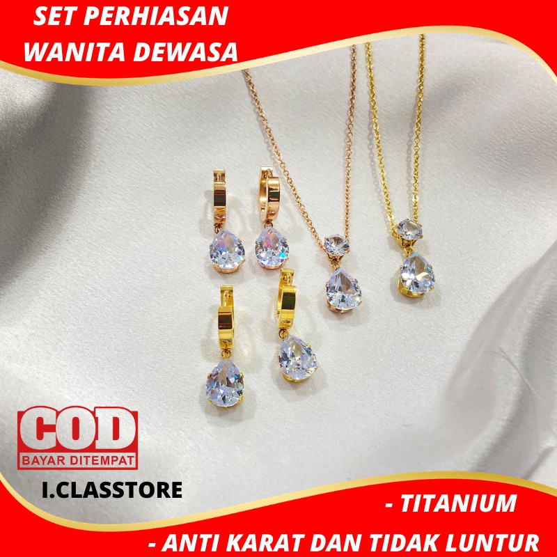 Set perhiasan titanium model Tetes Air Kalung + Anting Aksesoris fashion wanita anti karat