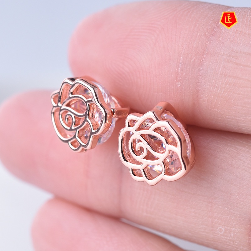 [Ready Stock]Rose Diamond Stud Earrings Fashion Simple