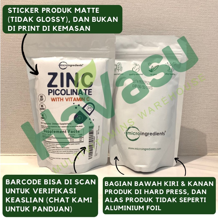 Microingredients Micro Ingredients Zinc 50mg Quercetin 500mg Vitamin C 500mg Complex atau Zinc Picolinate 50mg &amp; Vitamin C 25mg