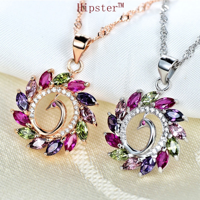 Creative Characteristic Colorful Peacock Open Screen Pendant Fashion Colored Gems Series Necklace