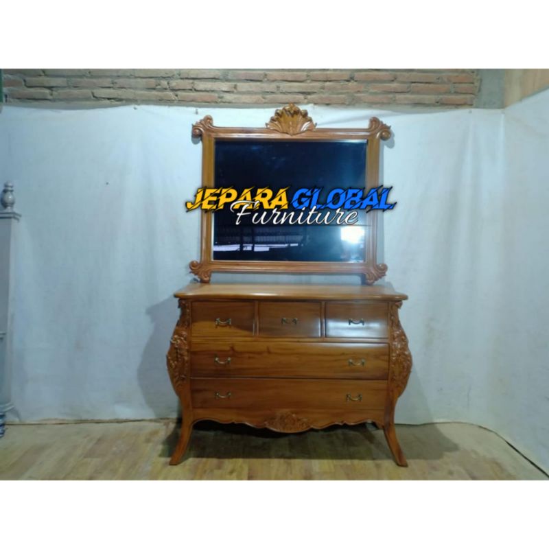 Nakas Bombai jati & Figura cermin ukir (nakas jati murah,drawer jati,nakas jati duco,nakas laci)