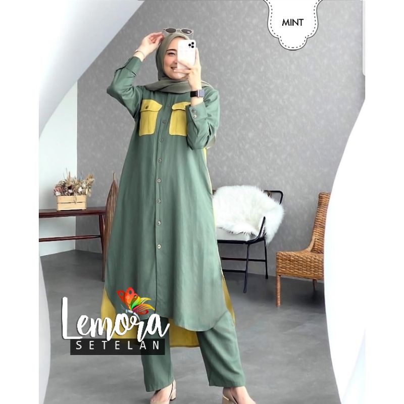 SET CELANA TUNIK LEMORA, MOSCREPE, GAMIS HIJAB MUSLIM, SETELAN