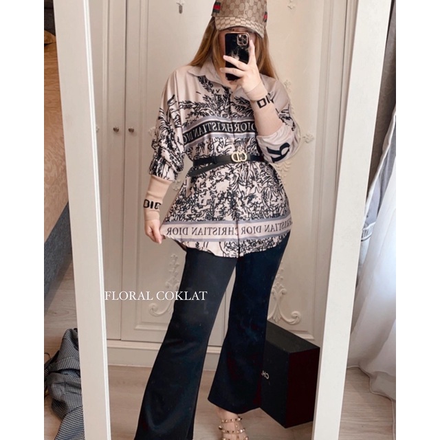 SETCEL DIO ( kemeja + kulot )-Combi floral coklat