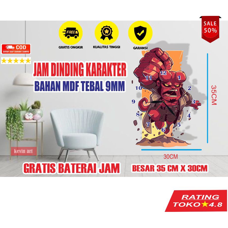 JAM DINDING KAYU UNIK KARAKTER ANAK GAMBAR ANIMASI HELLBOY