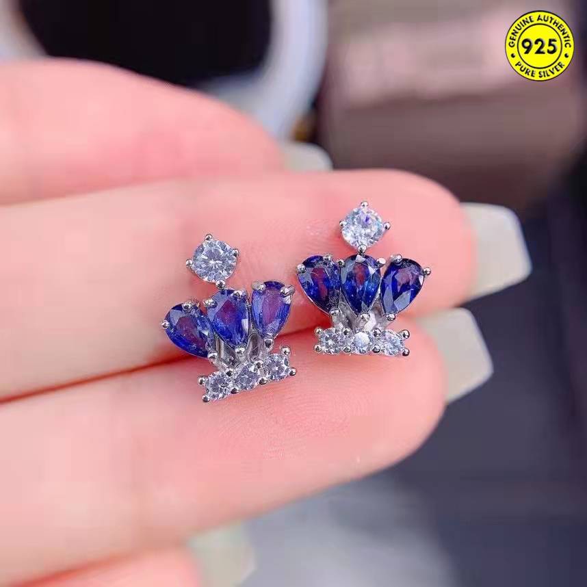 Anting Tusuk Gantung Desain Mahkota Hias Sapphire Biru Gaya Naturalmewah Untuk Wanita