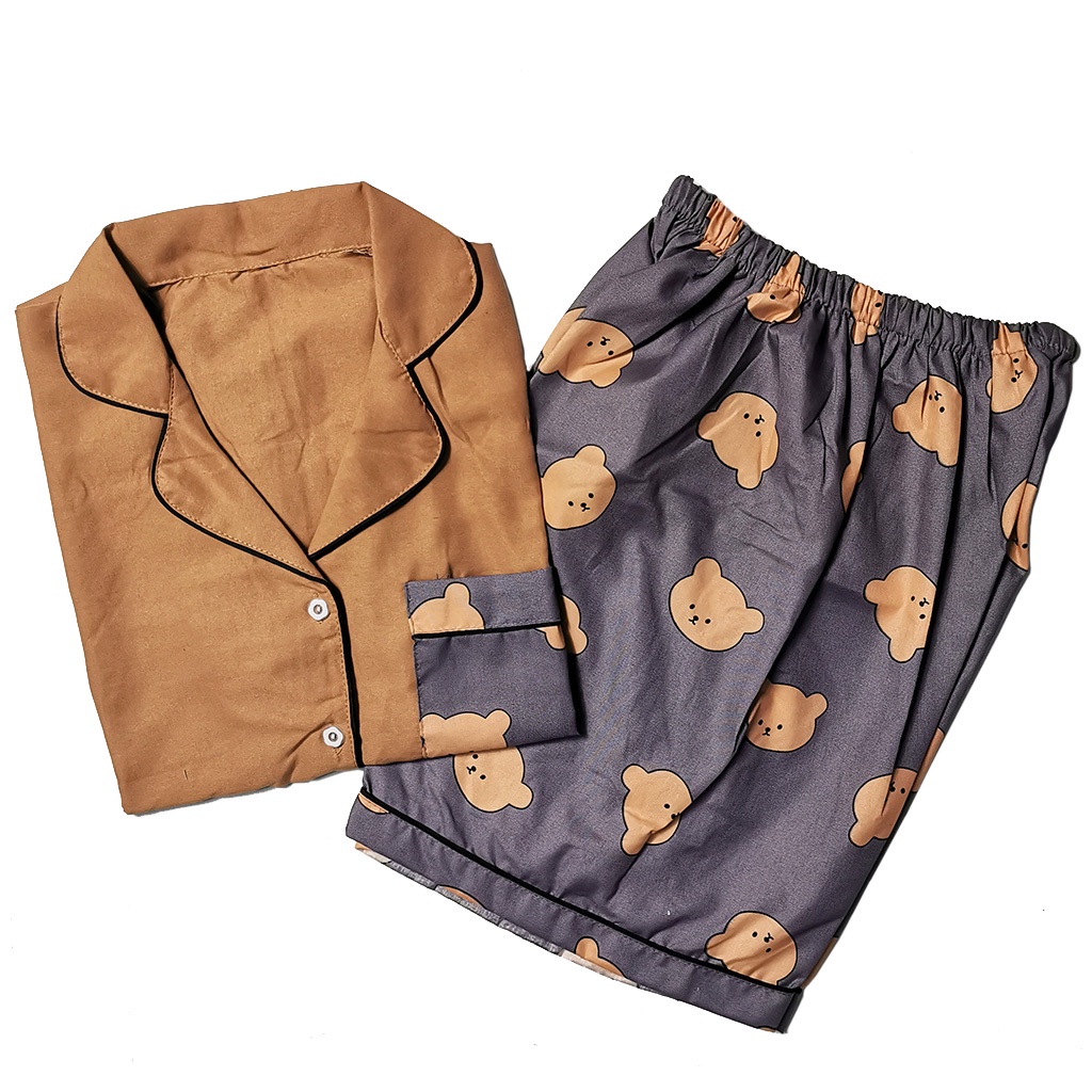 Setelan Piyama Dewasa Celana Pendek Lengan Pendek Hotpant All Size-HPL TEDDY GREY COMBI