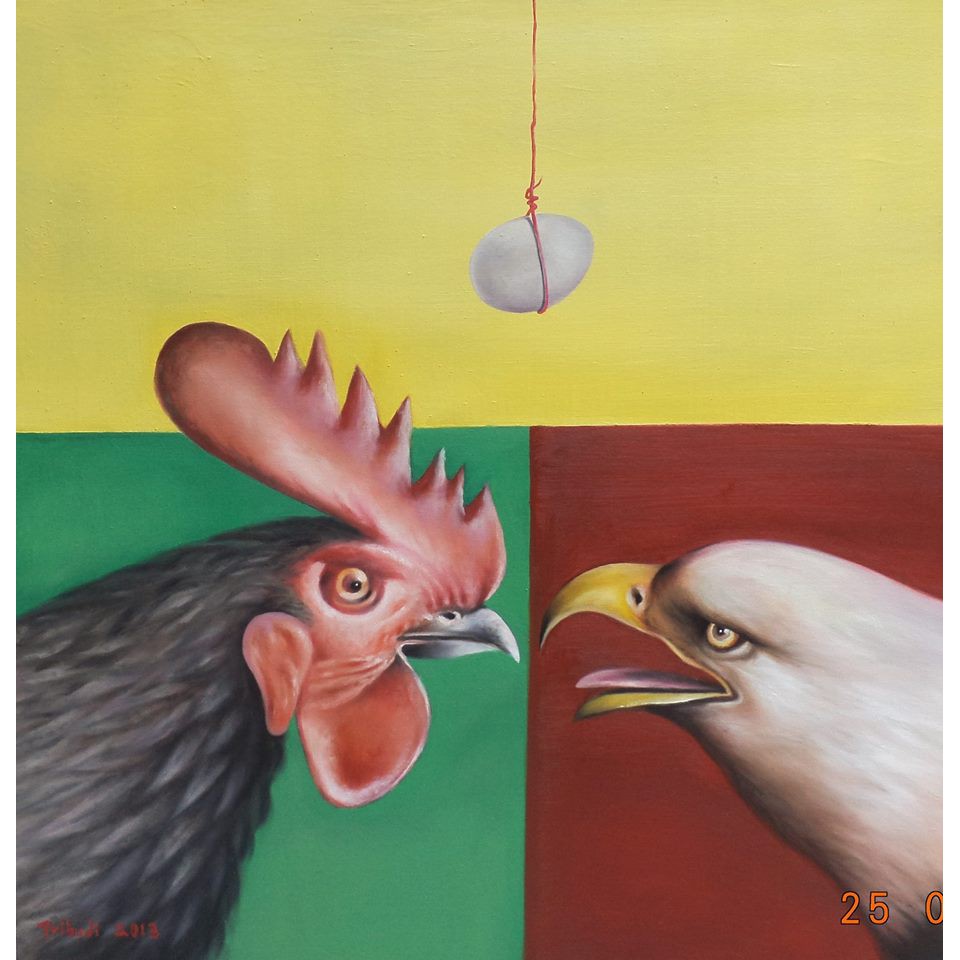 

Lukisan original Dialog tentang calon generasi media cat minyak di kanvas, 95 x 95 cm