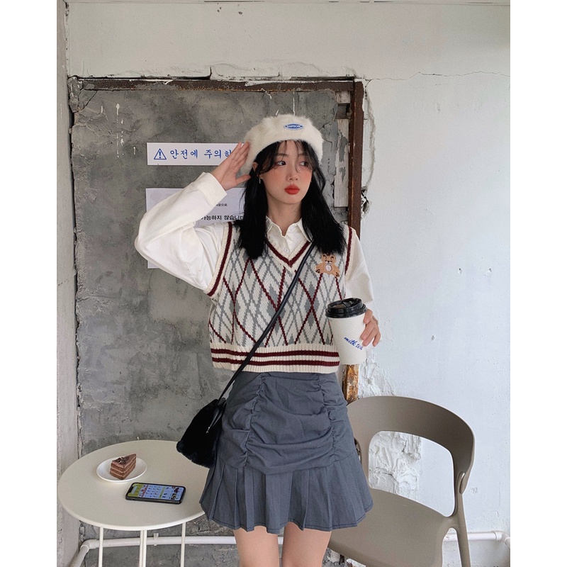 rompi rajut wanita Korea style baju rajut V neck crop top sweter kotak-kotak