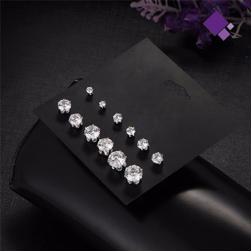 6 Pasang Anting Stud Cubic Zirconia Bentuk Mahkota Bulat Untuk Wanita