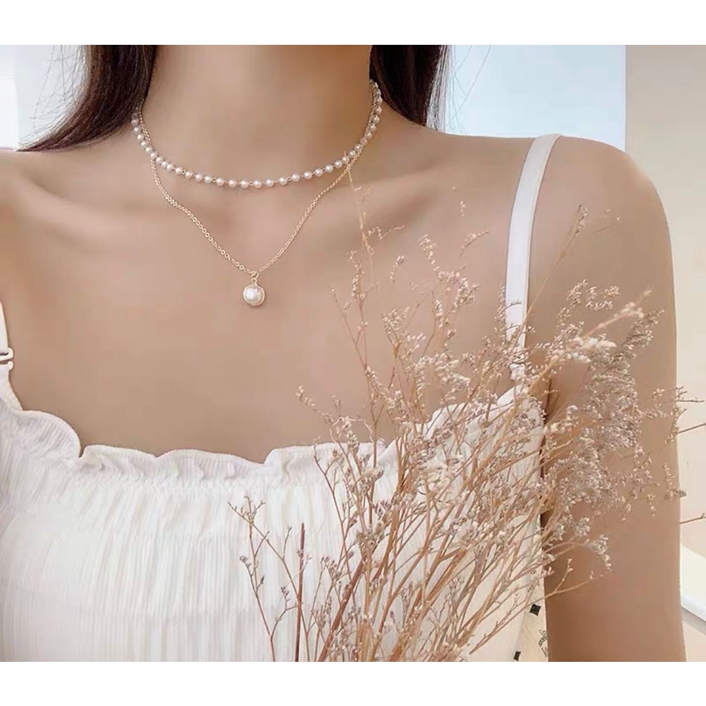 KALUNG RANTAI CHOCKER GAYA FASHION KOREA HIP HOP TITANIUM WARNA GOLD ROSEGOLD SILVER IMPOR DOUBLE PEARL MUTIARA