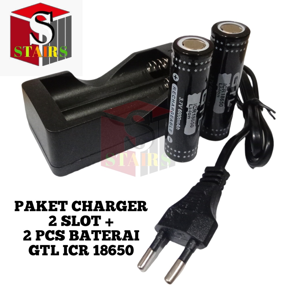 Paket Charger 2 Slot + 2 PCS Baterai Li-ion GTL ICR 18650 6000mAh 3.7V Warna Hitam