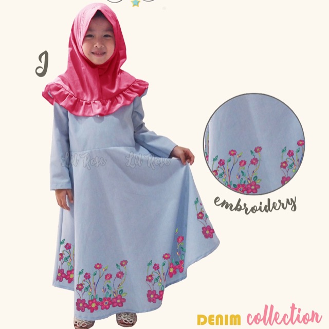 Gamis anak set hijab motif bunga / dress muslim anak pink biru muda