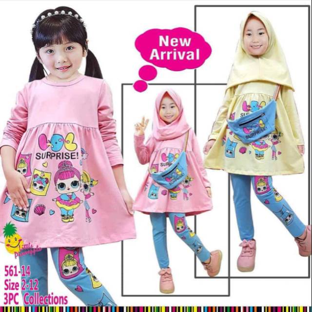 561 14 baju  setelan muslim  anak  little pineapple LOL  pink 