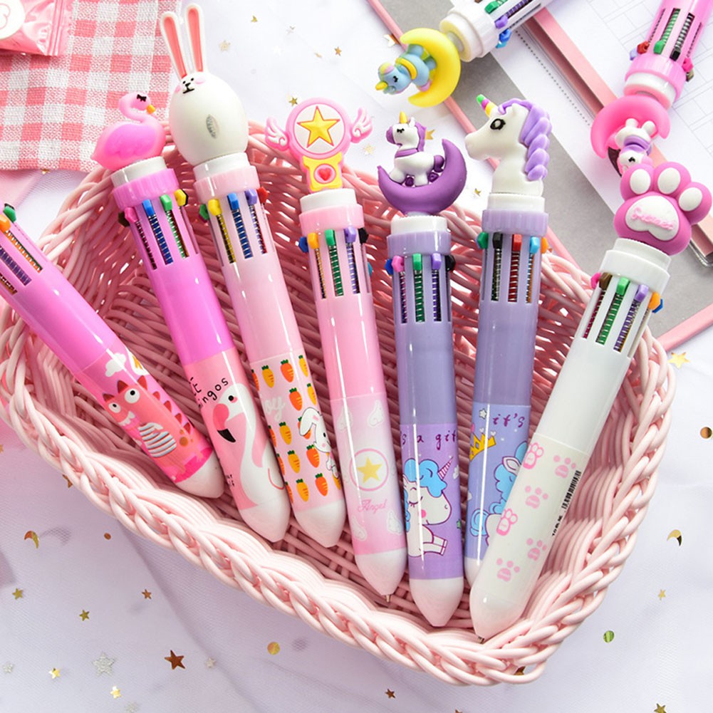 Pulpen 10 Warna Dengan Hiasan Kartun Unicorn Lucu Untuk Sekolah/Kantor