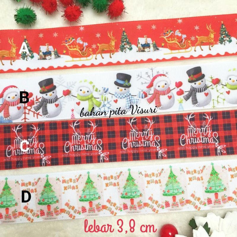 Pita Motif Natal (Merry Christmas) Grosgrain 3,8 cm per yard (90 cm) A - D