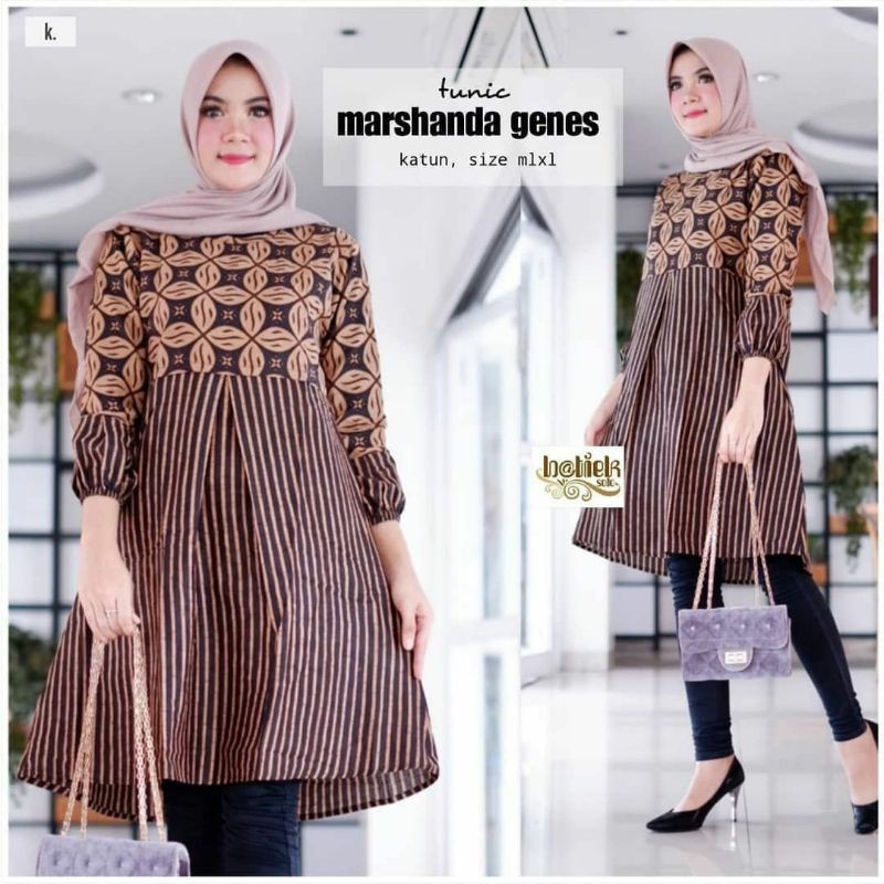 Tunik Batik Atasan Wanita | Lawasan Coklat | Baju Batik Sogan Batik Lurik | Jumbo Size XXL LD 110cm