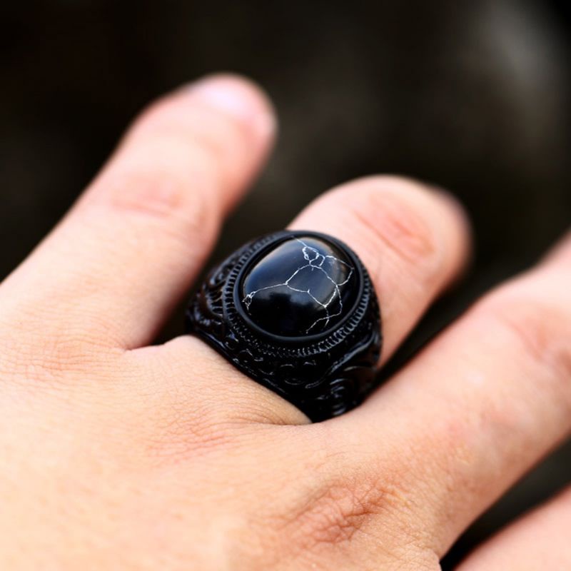 Cincin Pria Batu Pirus Hitam Kura Ring Retro Hitam All Black Kantoran