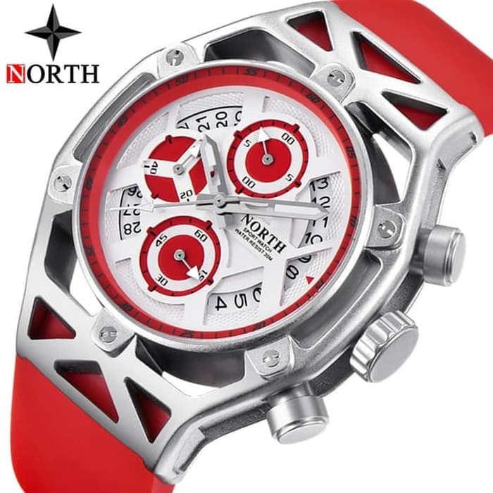 Jam Tangan Pria Original NORTH 7710 Chronograph Anti Air Red Silver