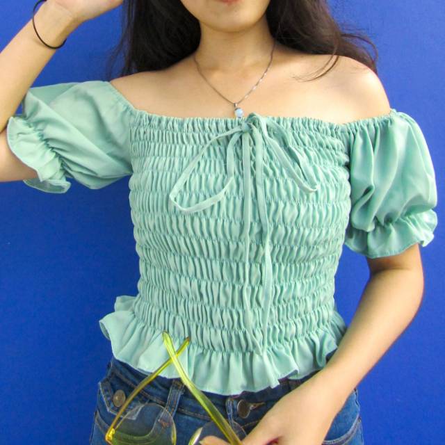 Croptee Blouse Mint crop top atasan wanita baju puff puffy hijau green sabrina