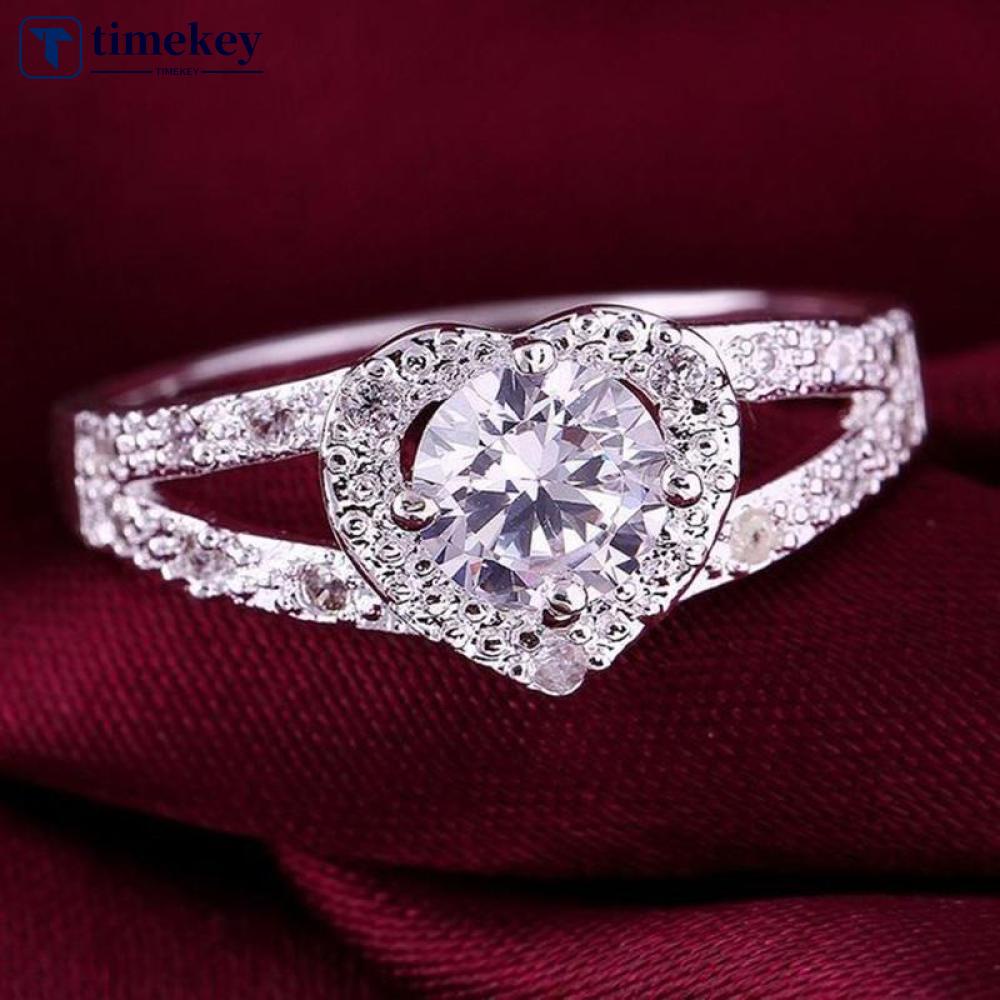 Timekey Cincin Nikah Sterling Silver 925 Desain Hati Unik Hias Kristal Berlian Imitasi A3K2