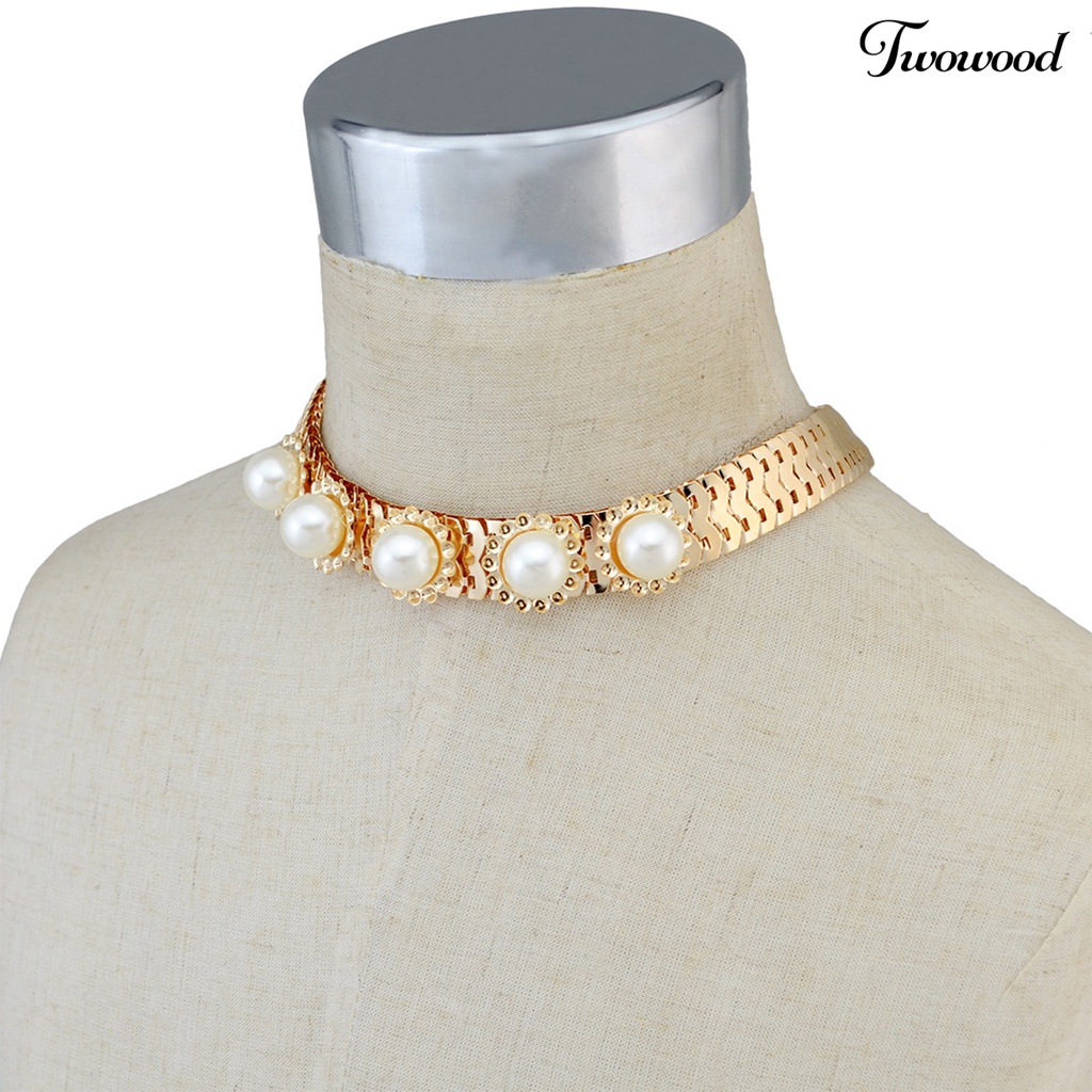 Twowood Faux Pearl Decor Rhinestone Women Necklace Alloy Adjustable Snake Chain Collar Necklace Jewelry Accessory