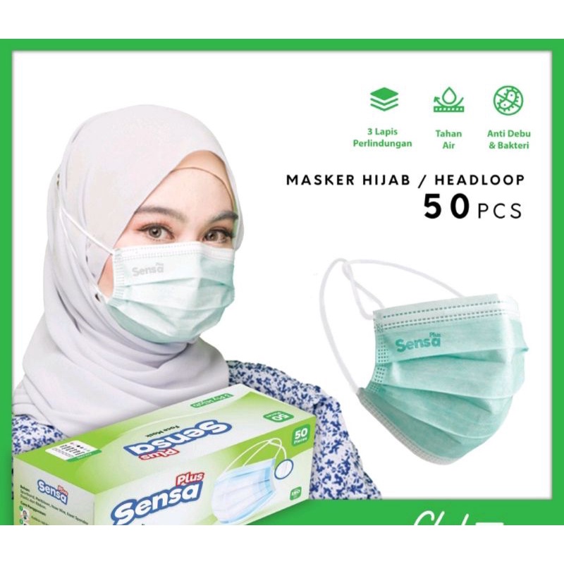 Masker sensa plus hijab 3ply isi50, warna hijau/Green