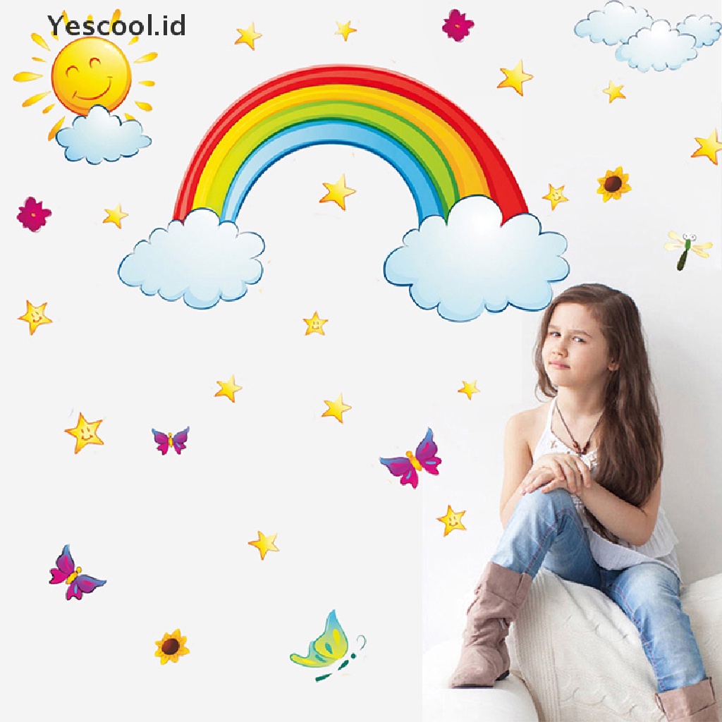 【Yescool】 Pretty Shining Stars On Rainbow Cloud Butterflies Wall Stickers Room Decor Decal .