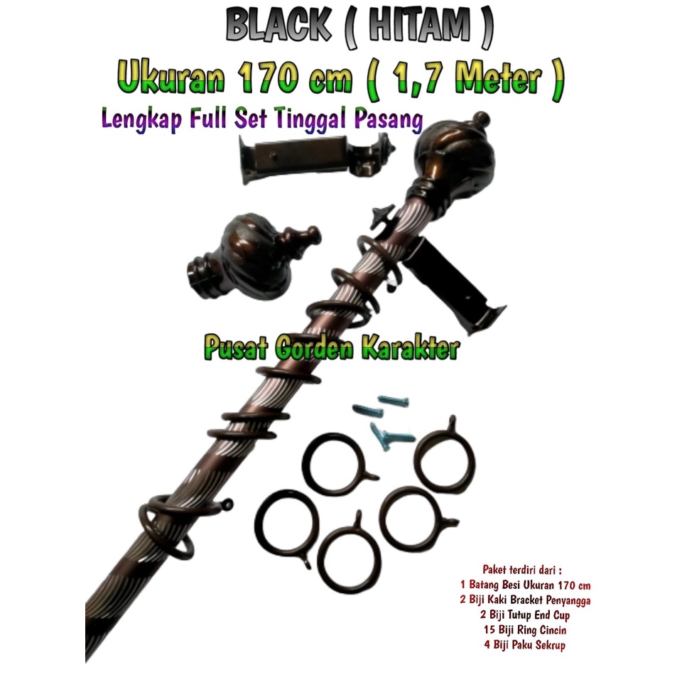 Besi Gorden Jendela Minimalis ukuran 170 cm batang gorden Rollet Crystal Hitam tiang gorden murah