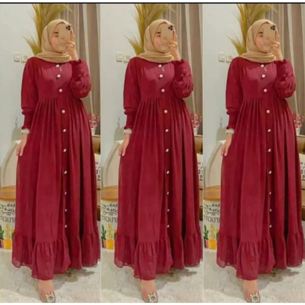 amora maxi gamis ceruty bebydoll / gamis ceruty kancing terbaru dan kekinian/ gamis syarii ceruty bebydoll