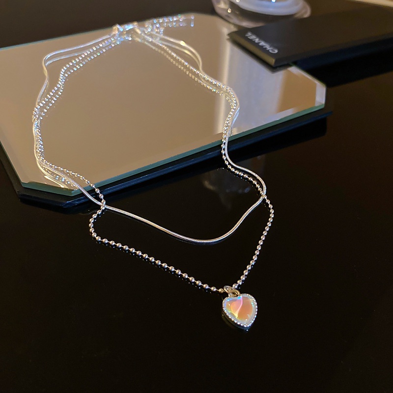 Kalung Choker Liontin Hati Opal Warna Silver Untuk Wanita