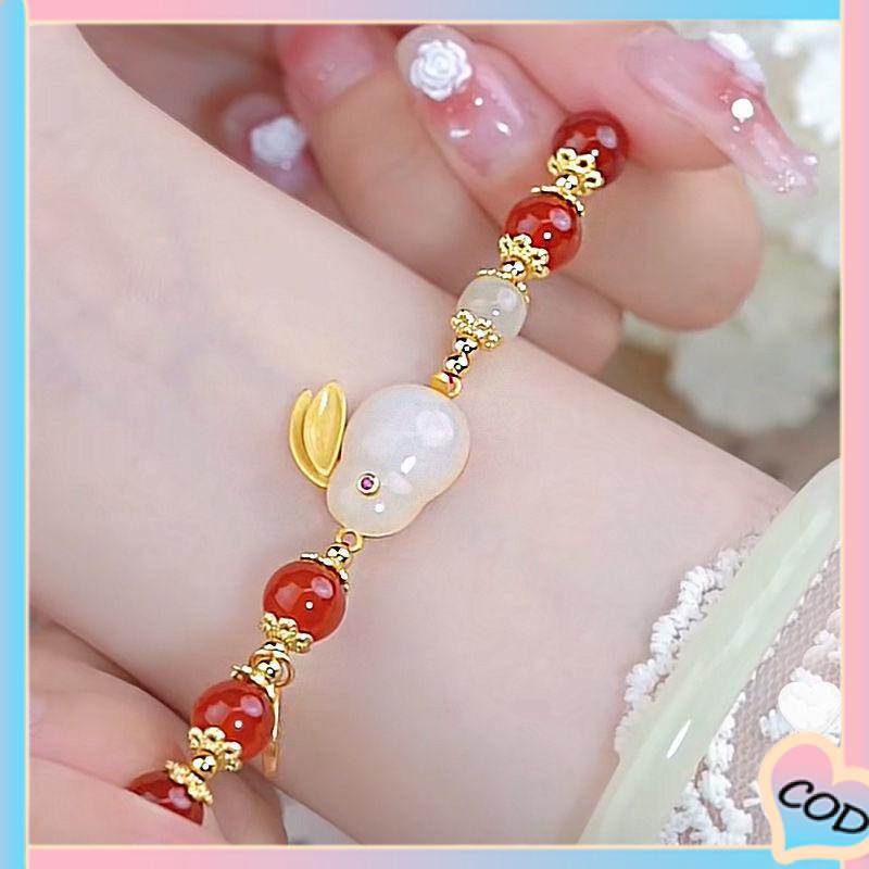 COD❤️Manik-manik merah gelang kelinci giok fashion wanita kelas atas hadiah Hari Valentine-A.one