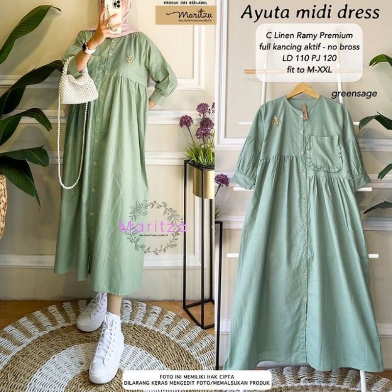 Midi Dress linen. Ayuta Midi Dress. Midi Tunik.  Baju muslim.