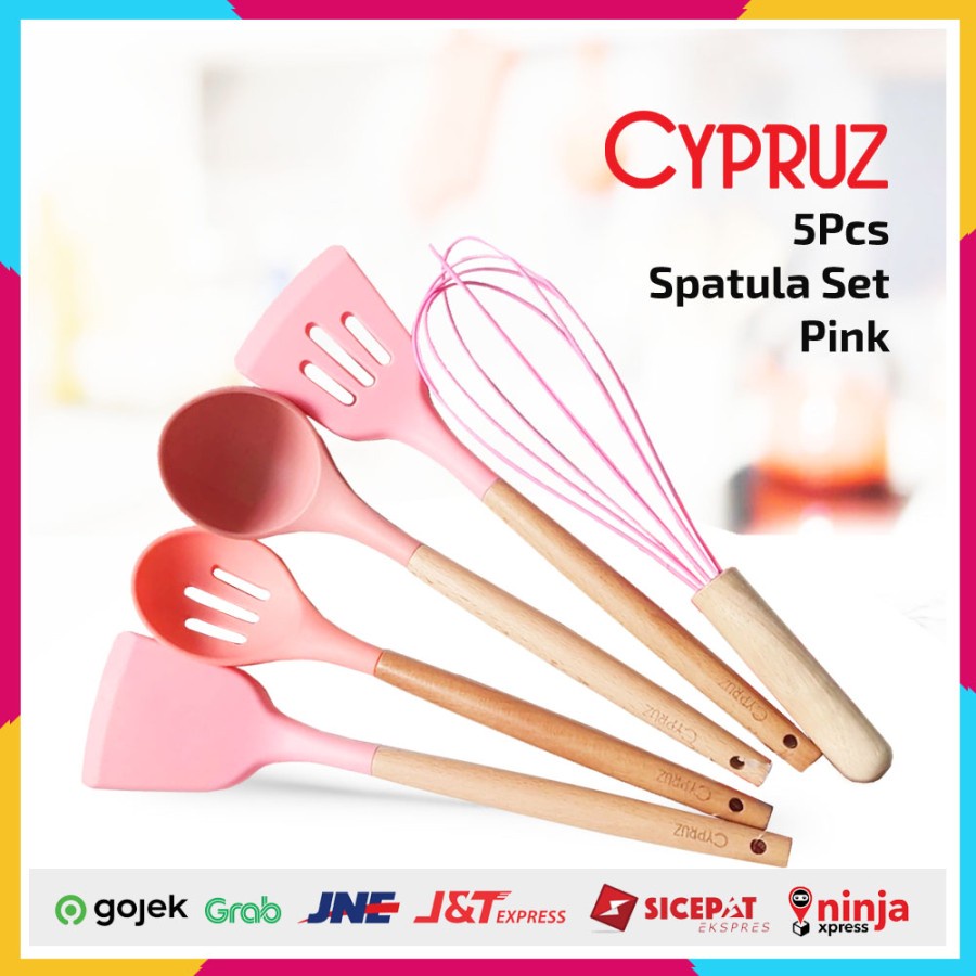 Paket Spatula Cypruz Sodet Silikon Gagang Kayu Silicone Pink Set