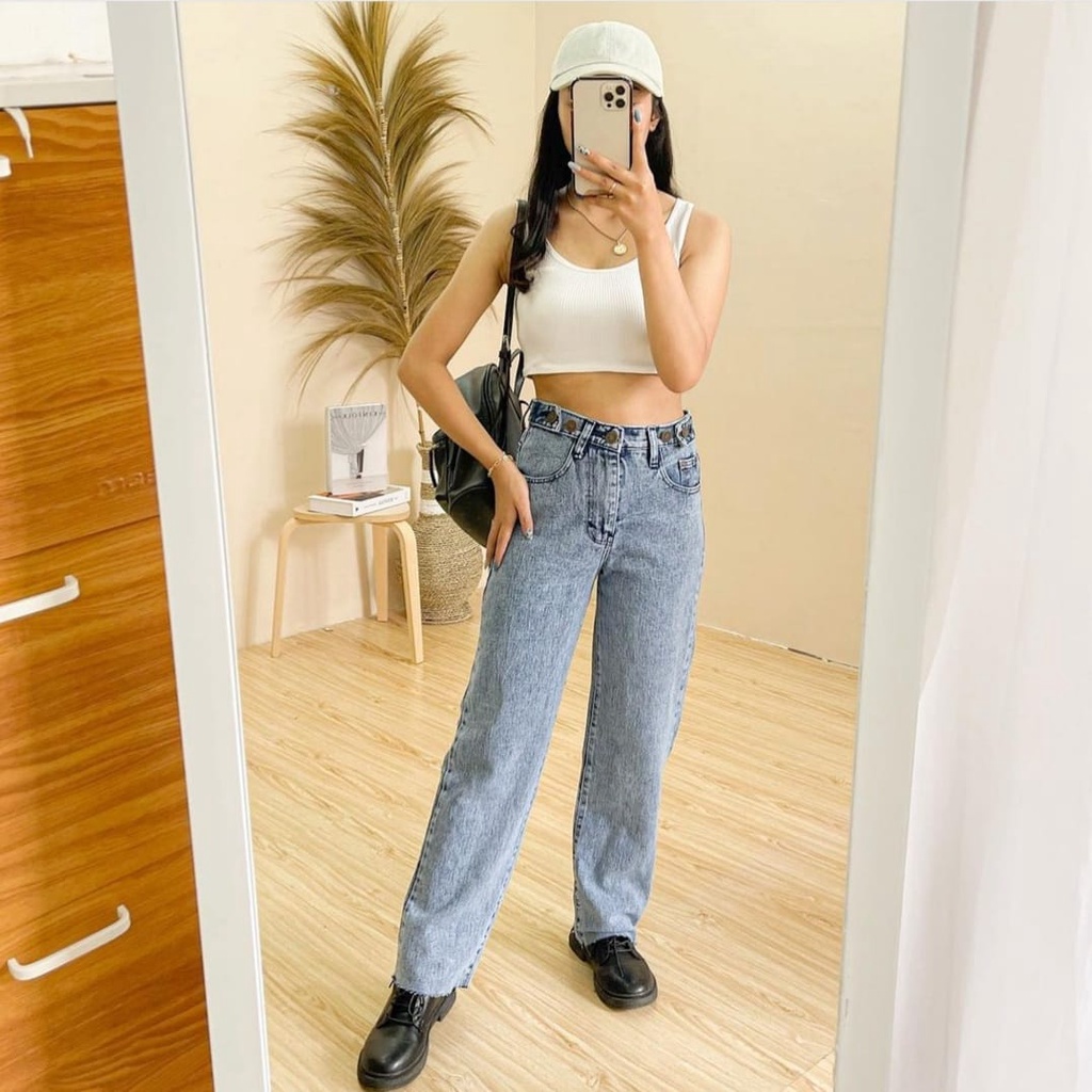 FWR - Highwaist Loose Jeans Wanita Yuri Korean style