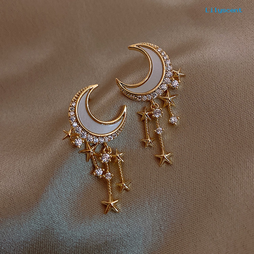 1 Pasang Anting Stud Rumbai Bentuk Bulan Bintang Aksen Berlian Imitasi Untuk Wanita
