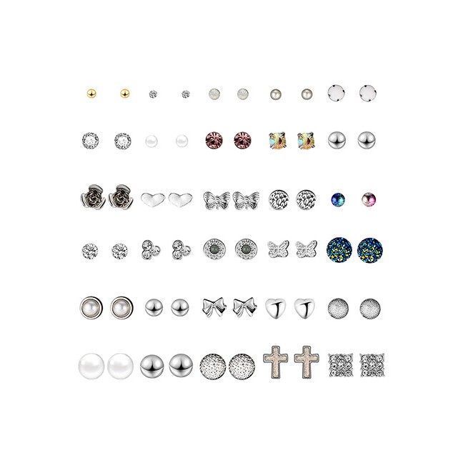 LRC Anting Tusuk Fashion Silver Cross-studded Stud Earrings 30 Pairs F83543