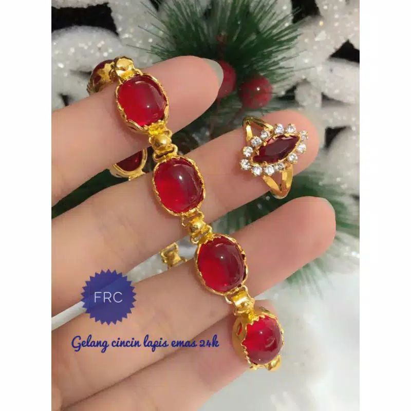 (NOV) Set Perhiasan Lapis Emas 24 Karat Xuping Gelang Cincin Batu Permata Rubi Merah Gold Titanium