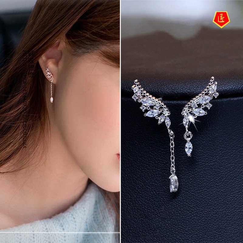 [Ready Stock]New Angel Wings Diamond Asymmetric Tassel Stud Earrings