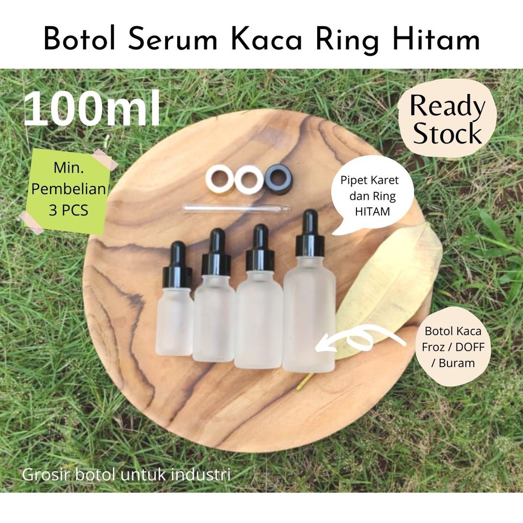 Botol 100ml Serum Dropper Pipet Kaca Froz Doff Buram Ring Hitam Botol Skincare Tetes Pipet Hitam Bot
