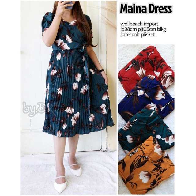 MAINA DRESS WANITA MOTIF BUNGA PLISKET