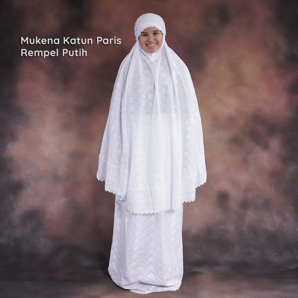 Mukena Katun Paris Rempel Putih Alfauzi / Mukena Katun Dewasa / Mukena Katun ori / Mukena Jumbo