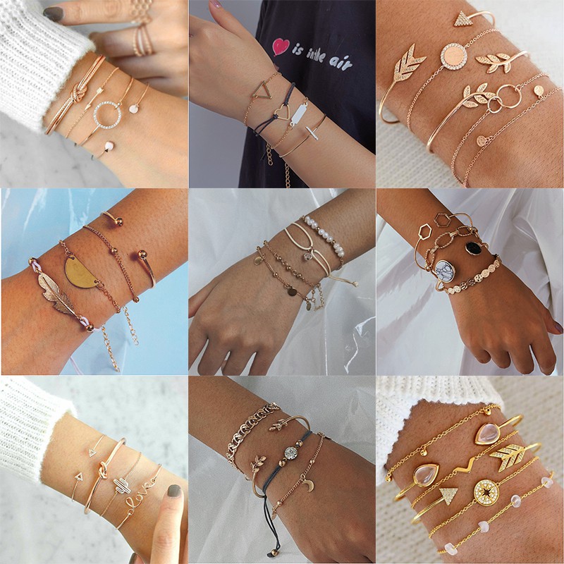 YEEZII 20Types Fashion Korea Mutilayer Rantai Gelang Emas Set Bohemia Retro Kupu-kupu Gelang Wanita Perhiasan Set Aksesoris Hadiah