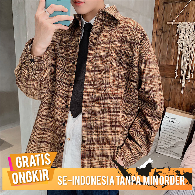 Jaket Peria Spring Ulzzang Thick Shirt Men's and Korea's Fashionable Woolen Plaid Shirt Ins Couple's