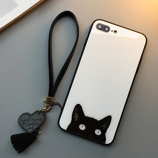 Casing Case TPU + Tempered Glass Motif Kucing + Hati untuk iPhone 6 / 7 / 8 / X / X