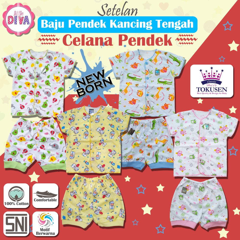 Setelan Bayi Newborn SET TOKUSEN Baju Bayi Kancing Pendek NB MOTIF Tengah  &amp; Celana pendek