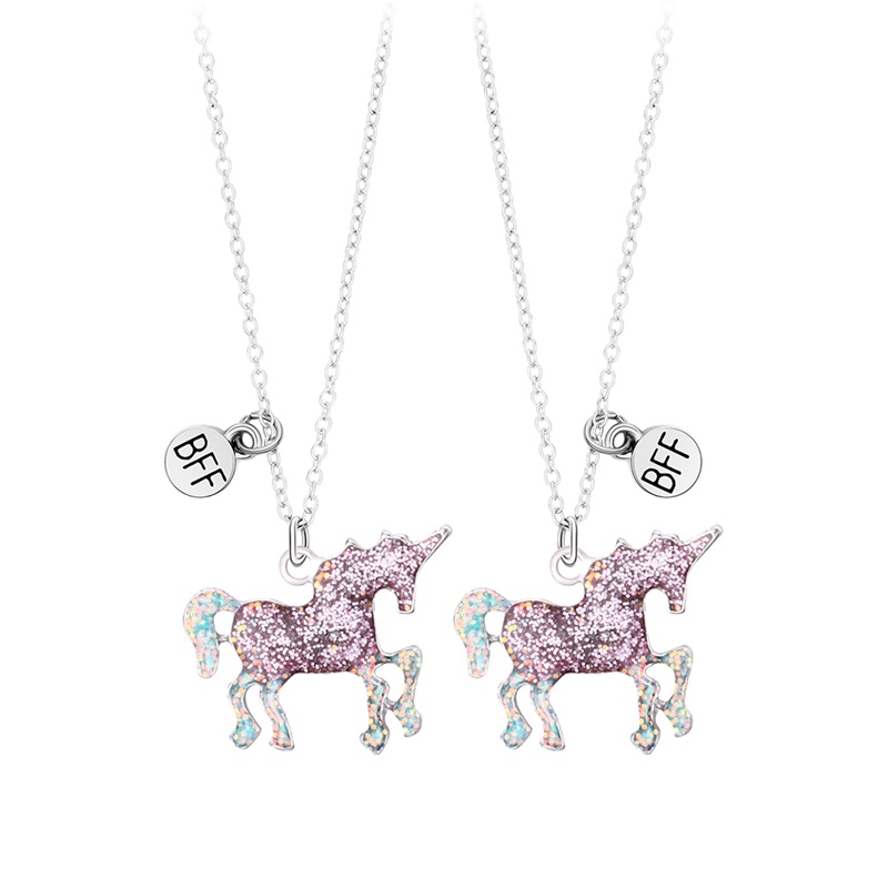 2pcs / Set Kalung Rantai Dengan Liontin Kartun Unicorn Warna Pink Untuk Wanita