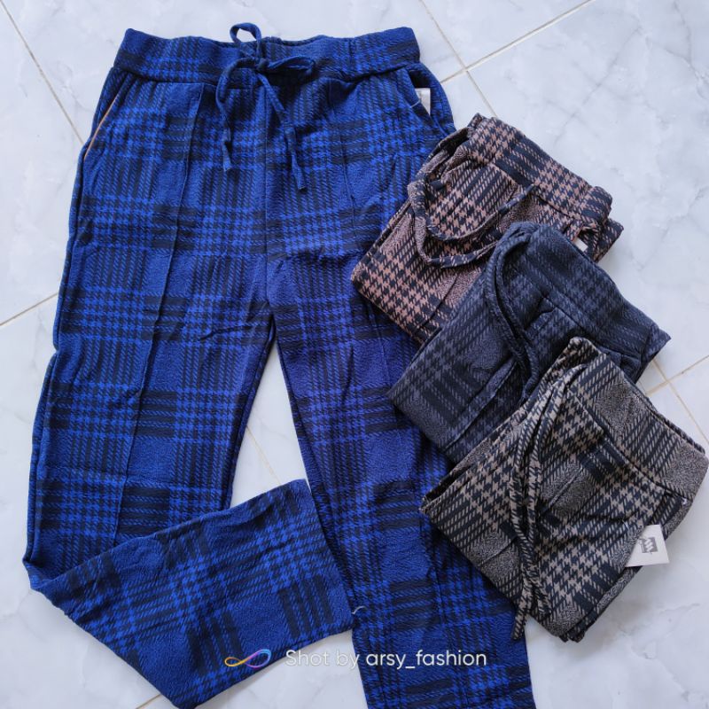 Luna crepe Tartan/celana scuba tali motif kotak