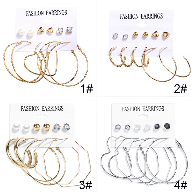 6 Pasang Anting Tusuk Bentuk Lingkaran Geometris Bahan Alloy untuk Wanita