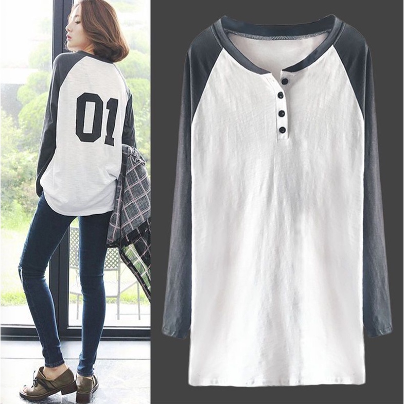 Baju lengan panjang T-shirt wanita mid-length longgar atasan putih Gaya Korea kemeja Baju Kaos Fashion Motif Tulisan Angka