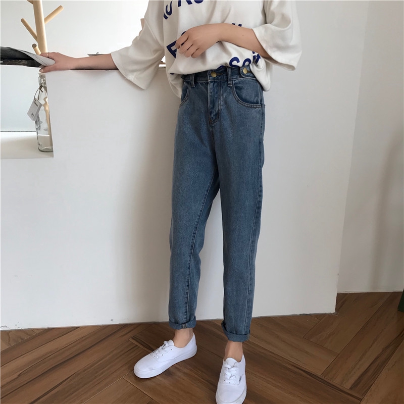  Celana  Panjang Model Lurus Pinggang  Karet  Bahan Jeans 